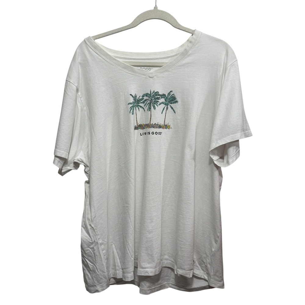 Life is Good Womens XXXL Crusher Tee White Palm Tree V-Neck Graphic T-Shirt‎